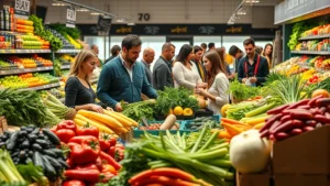 Diverse group of customers shopping fresh produce at specialty market with vibrant vegetables and natural lighting in professional grocery setting