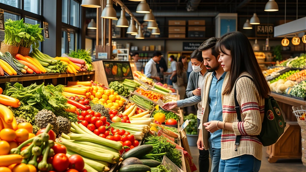 Diverse shoppers selecting fresh produce at specialty market display with colorful vegetables and natural lighting in clean retail environment