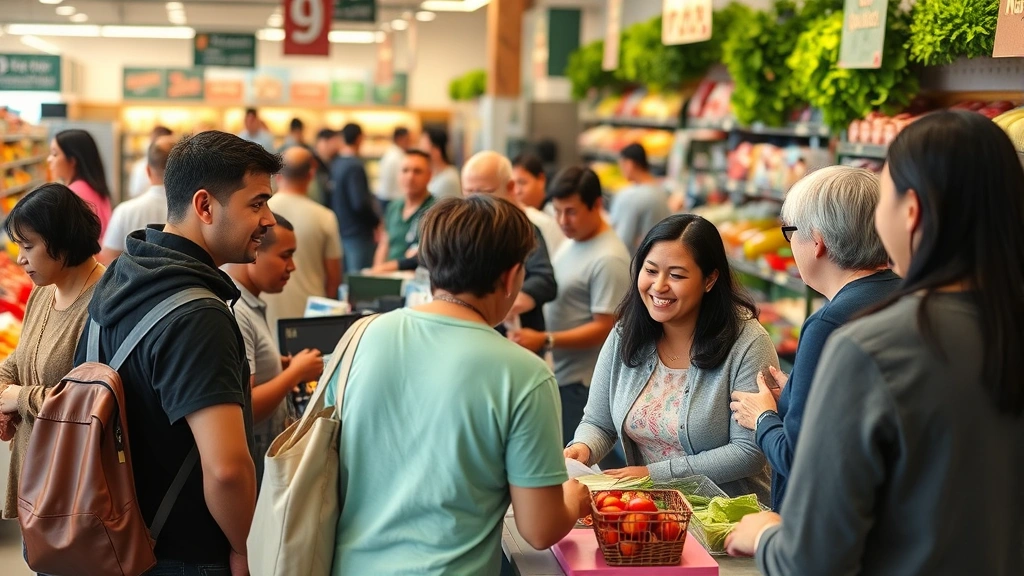 Community members gathering at market checkout area with friendly staff interaction and diverse shoppers in background during busy shopping hours