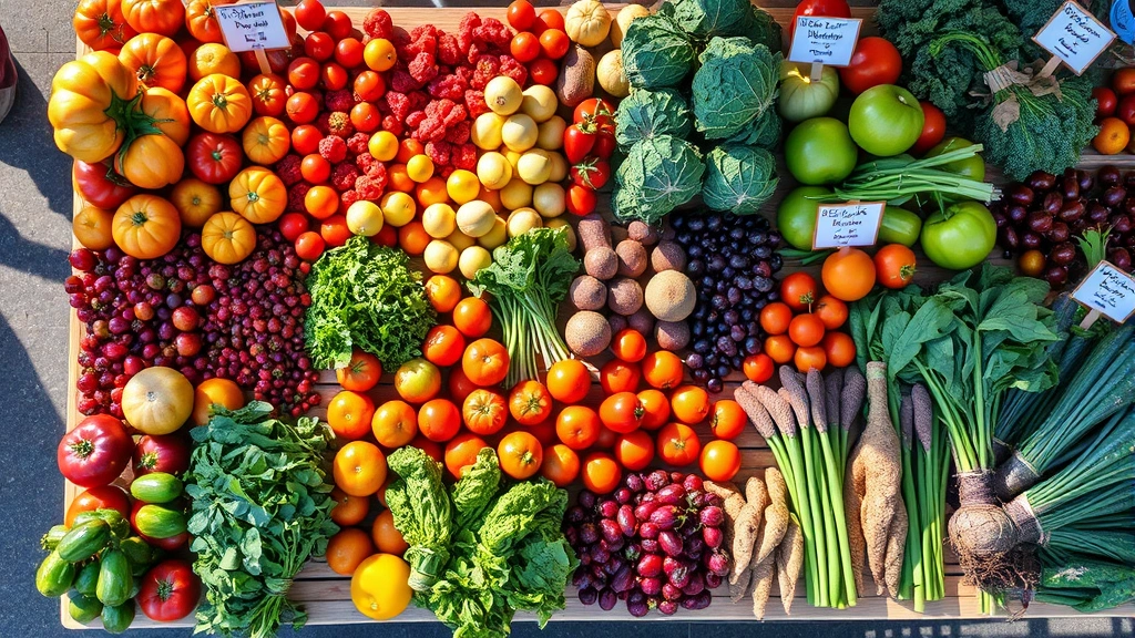 Overhead view of colorful fresh produce arranged on wooden farmers market display tables, including heirloom tomatoes, berries, leafy greens, and root vegetables with price cards, natural sunlight, bustling market atmosphere
