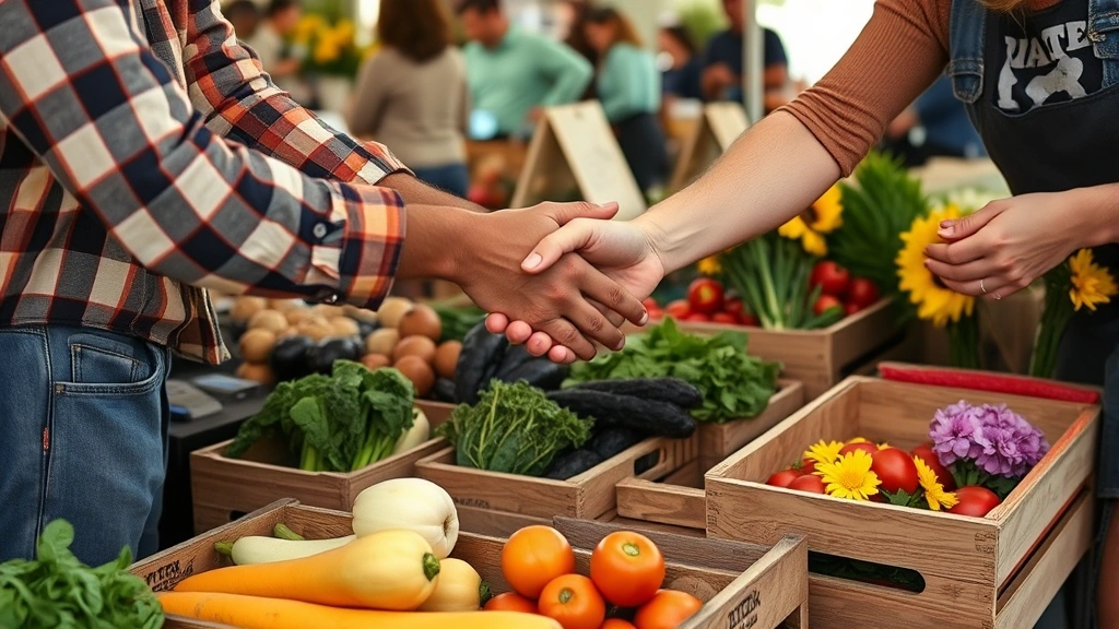 Close-up of hands exchanging fresh organic produce at farmers market stall, vendor and customer interaction, artisanal wooden crates, seasonal vegetables and flowers visible, community engagement moment