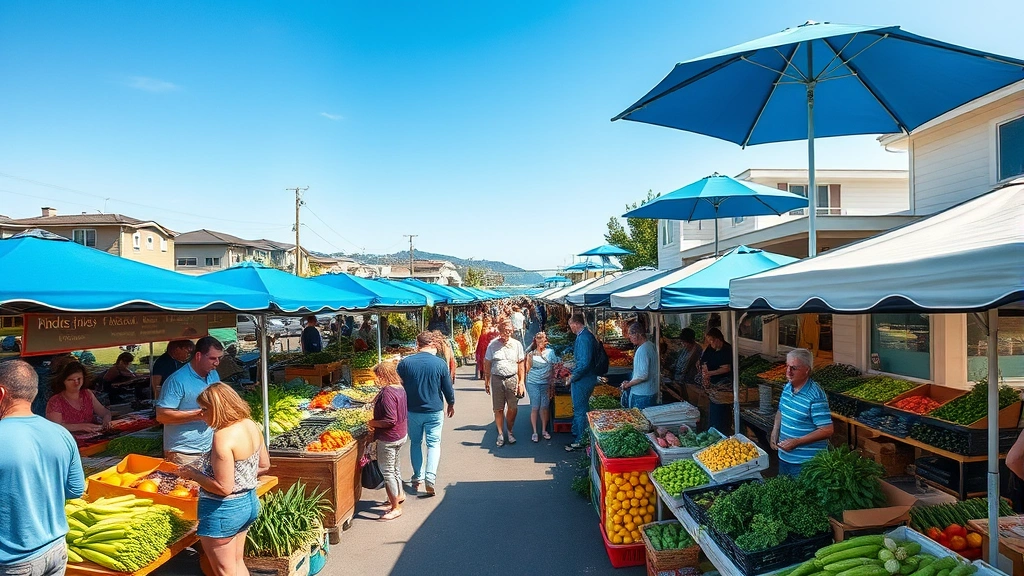 Wide shot of busy weekend farmers market with multiple vendor stalls, customers browsing produce, blue umbrellas overhead for sun protection, coastal neighborhood setting, vibrant community gathering scene