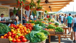 Vibrant outdoor farmers market scene with colorful fresh produce displays, wooden vendor tables laden with heirloom tomatoes, leafy greens, and seasonal vegetables, bright California sunshine, diverse shoppers browsing, coastal village setting, natural lighting, bustling community atmosphere