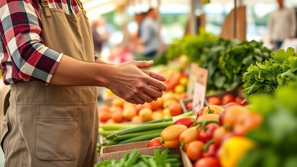 Close-up of farmers market vendor interaction: hands exchanging fresh produce, farmer in apron discussing vegetables with customer, natural produce varieties visible, authentic marketplace moment, warm interpersonal connection, daylight, genuine community commerce setting