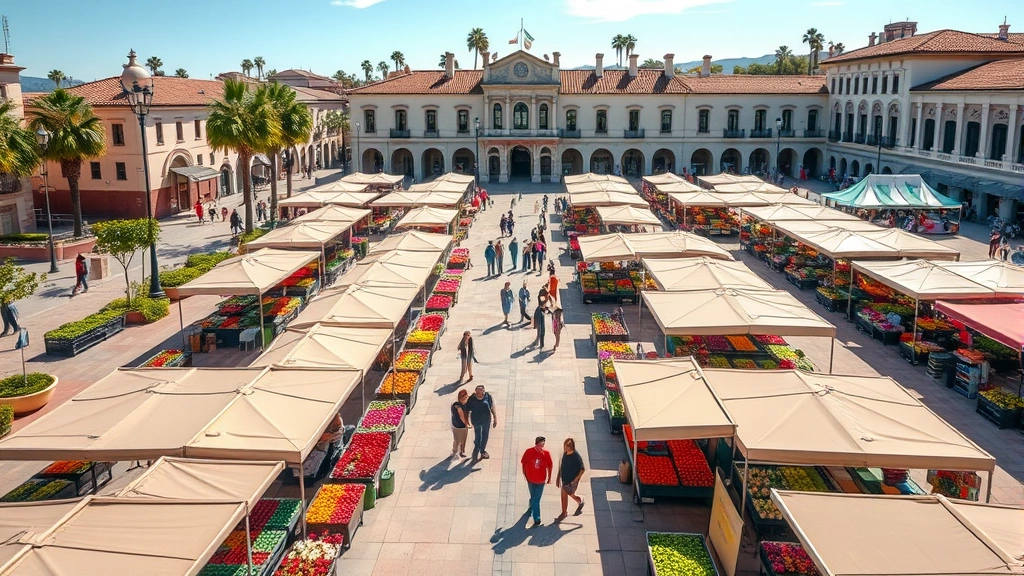 Aerial view of farmers market layout showing multiple vendor booths, fresh flowers, produce stands, customers walking between tables, outdoor plaza setting, California coastal architecture in background, natural lighting, vibrant community gathering space