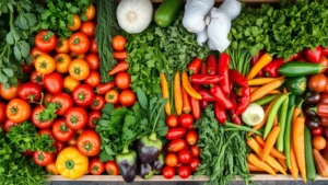Overhead view of vibrant fresh produce display with colorful vegetables including tomatoes, peppers, cilantro, and fresh herbs arranged on wooden market shelving, natural lighting highlighting quality and freshness