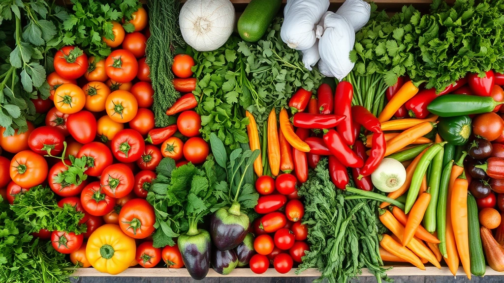 Overhead view of vibrant fresh produce display with colorful vegetables including tomatoes, peppers, cilantro, and fresh herbs arranged on wooden market shelving, natural lighting highlighting quality and freshness