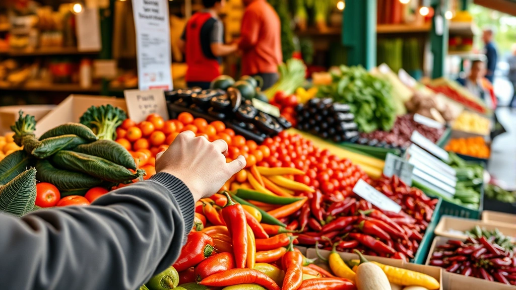 Customer selecting fresh produce at market stand with hands reaching for colorful vegetables, warm natural lighting, diverse produce visible including chiles and specialty items, authentic grocery shopping moment