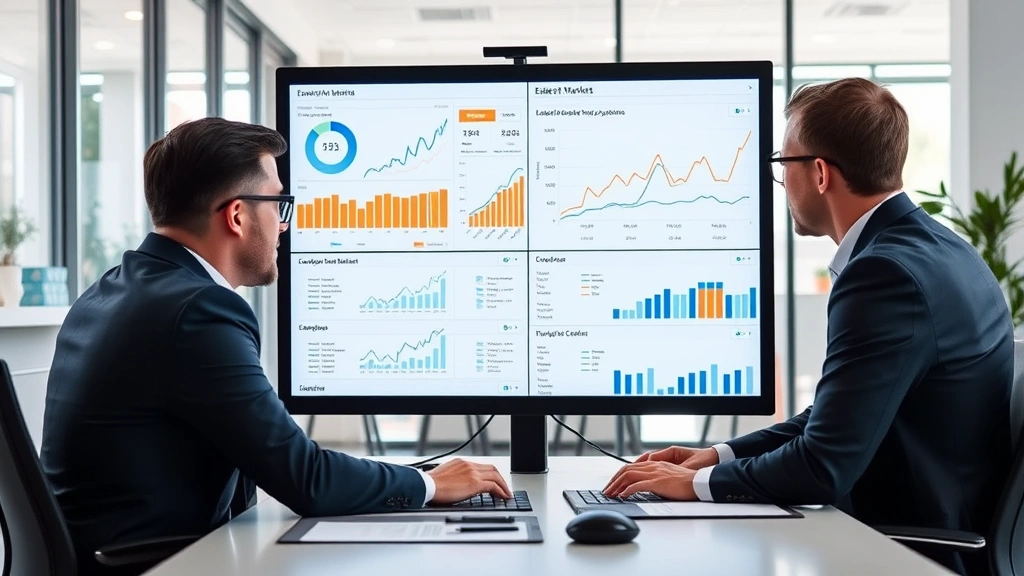 Professional business analysts reviewing employment data dashboards on computer screens in modern office, team collaborating around large monitor displaying labour market charts and trend graphs, contemporary workplace setting with multiple analysts engaged with analytics platforms
