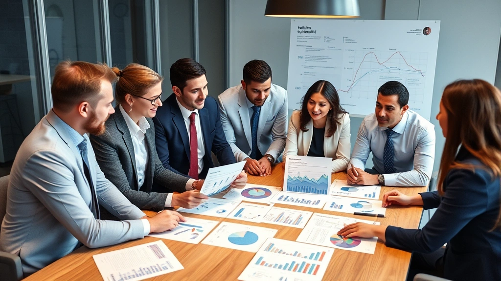Diverse group of professionals in business attire discussing talent strategy around conference table with printed labour market reports and charts, senior executives examining workforce analytics data visualizations, collaborative meeting focused on employment insights and hiring decisions