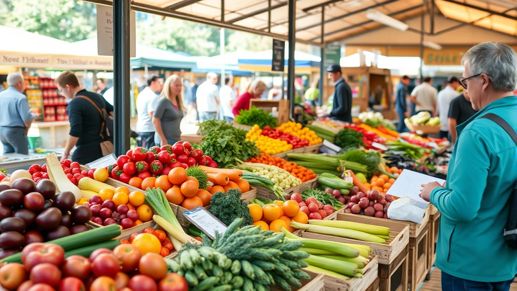 Professional farmers market vendor booth with organized fresh produce display, colorful vegetables in wooden crates, customer browsing, bright natural sunlight, busy market atmosphere