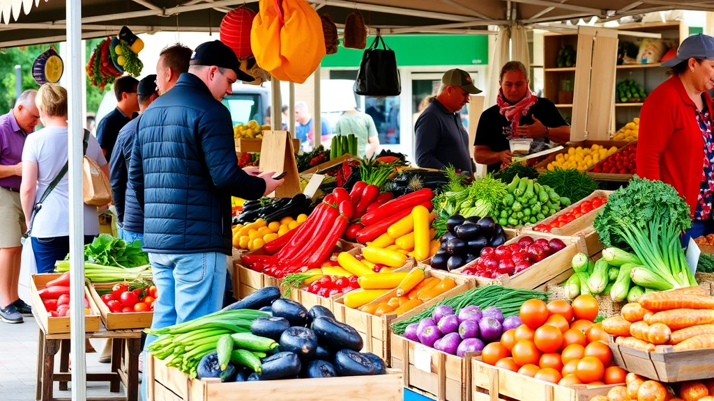 Farmers market vendor displaying fresh produce at outdoor market stall with customers browsing colorful vegetables and fruits in wooden crates