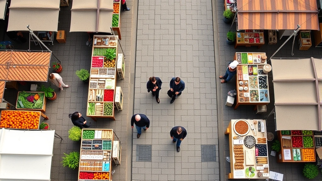 Overhead view of farmers market layout with multiple vendor booths displaying diverse products including fresh vegetables, baked goods, and artisan items with customers walking between stalls