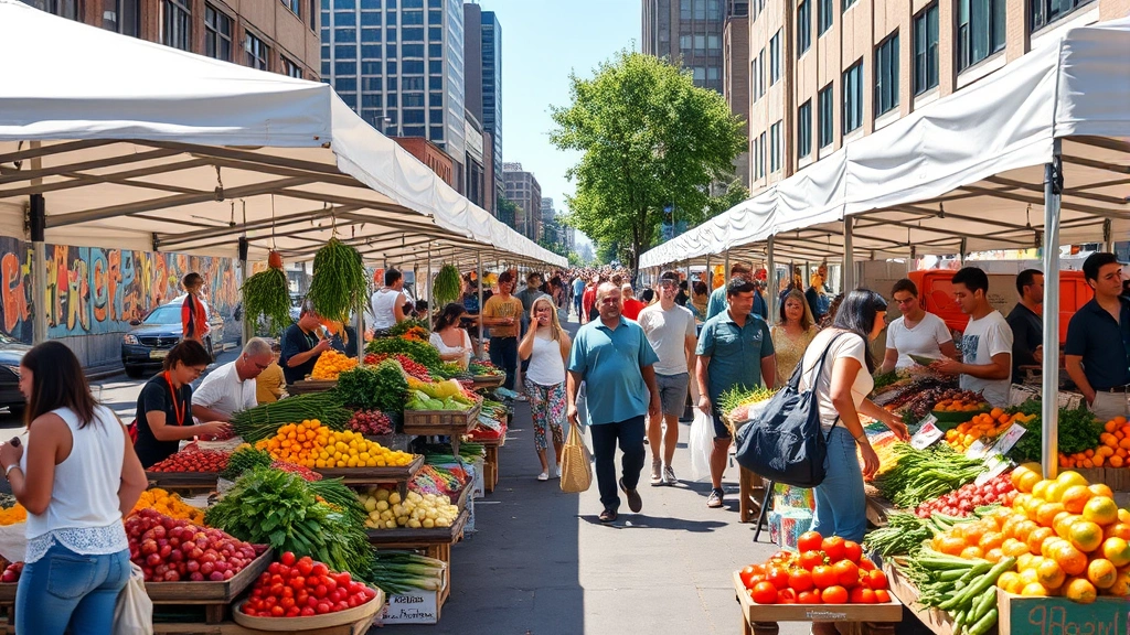 Bustling outdoor farmers market with diverse vendors under white canopies, customers shopping at produce stands displaying fresh vegetables and fruits, downtown urban setting on bright morning