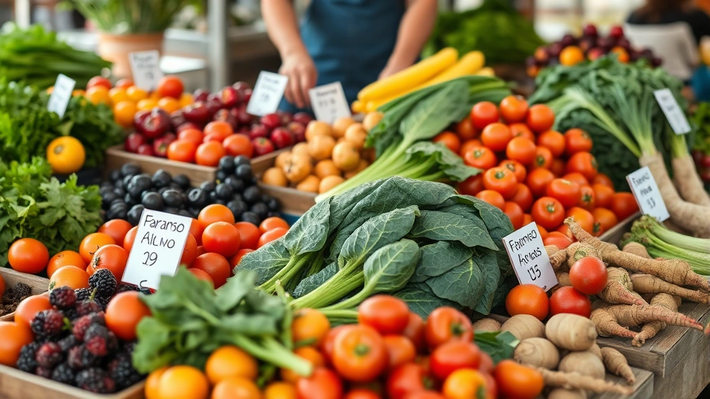 Close-up of farmers market vendor arranging colorful fresh produce including tomatoes, leafy greens, berries, and root vegetables on wooden display tables with price cards