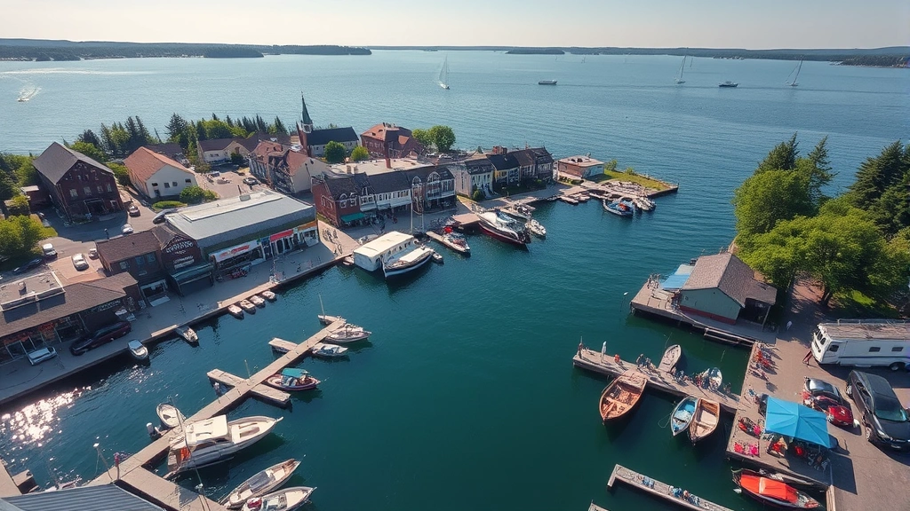 Aerial view of lakeside town with waterfront retail district, boat docks, and summer visitors shopping at outdoor markets, bright sunny day, high-quality commercial photography