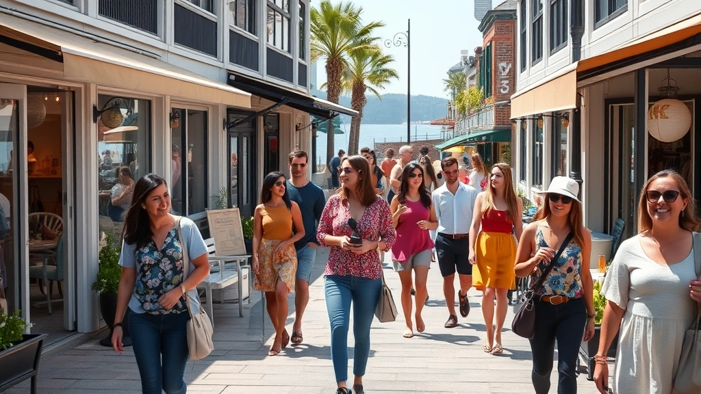 Diverse group of affluent shoppers browsing upscale waterfront boutiques and restaurants, summer season, waterfront promenade with lake visible, natural outdoor retail environment