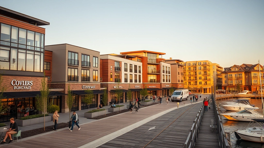 Mixed-use lakeside development with modern retail storefronts, residential buildings, and waterfront walkway with consumers enjoying dining and shopping, golden hour lighting, professional architectural photography