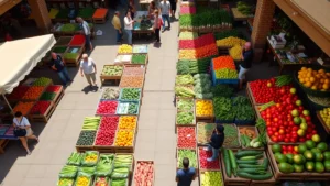 Overhead shot of bustling farmers market with colorful produce displays, customers browsing vendor stalls, Saturday morning activity, natural sunlight, diverse fresh vegetables and fruits arranged in wooden crates and baskets