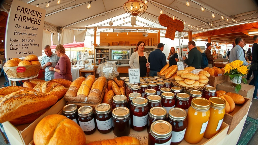 Wide angle view of farmers market vendor booth with artisanal breads, jars of preserves, specialty foods neatly arranged, vendor standing behind counter, customers browsing, community gathering atmosphere, warm natural light