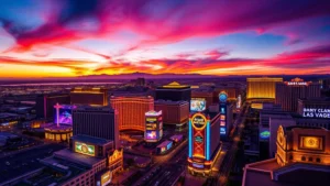 Aerial view of Las Vegas Strip at sunset showing illuminated casino resorts and downtown skyline, vibrant neon lights reflecting off buildings, bustling streets with vehicles and pedestrians, professional photography style