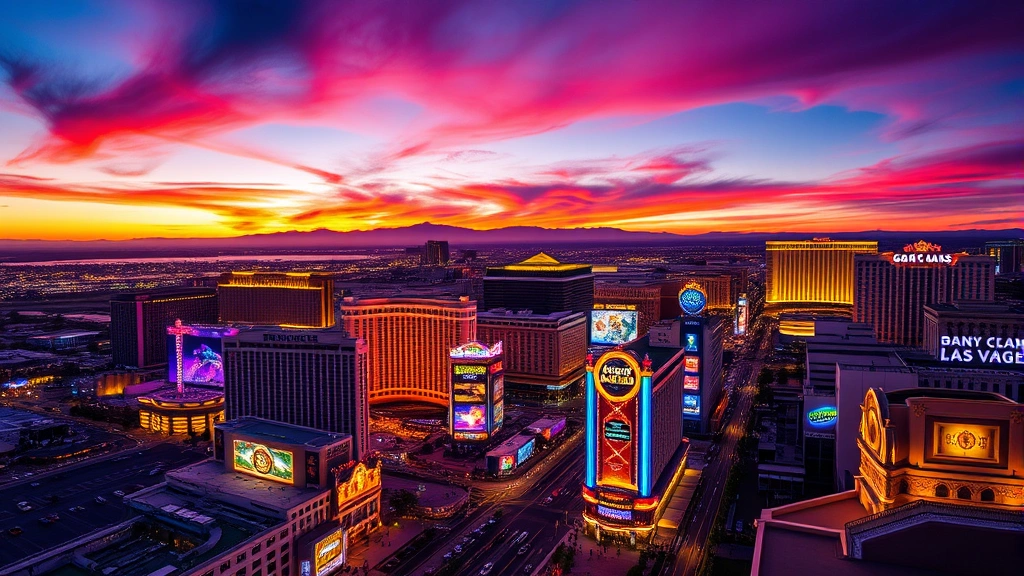 Aerial view of Las Vegas Strip at sunset showing illuminated casino resorts and downtown skyline, vibrant neon lights reflecting off buildings, bustling streets with vehicles and pedestrians, professional photography style