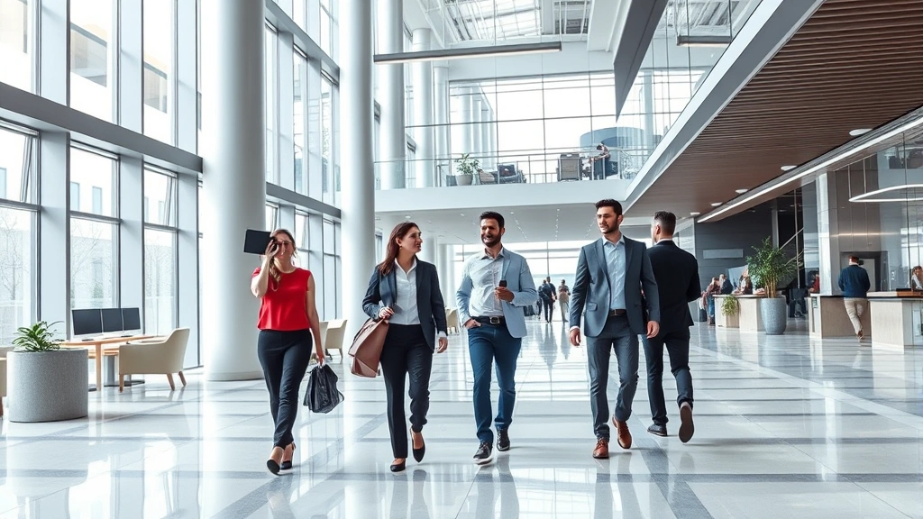 Modern office building lobby with business professionals in casual business attire, technology integration visible, collaborative workspace design, natural light from windows, contemporary corporate environment