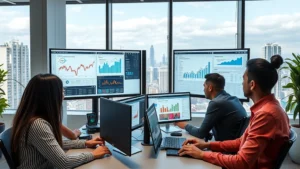 Professional diverse ecommerce team analyzing data on multiple monitors in modern Latin American office space with city skyline visible through windows, displaying charts and digital analytics interfaces