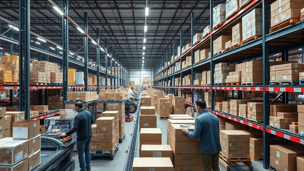 Busy urban logistics warehouse in Latin America with workers processing packages, conveyor systems, and organized inventory shelves, representing modern fulfillment infrastructure and supply chain operations