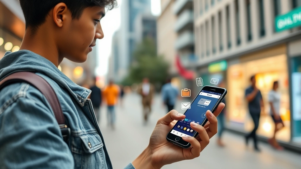 Young Latin American consumer shopping on smartphone in contemporary urban setting, showing mobile payment interface and digital wallet icons, representing mobile-first commerce and fintech innovation