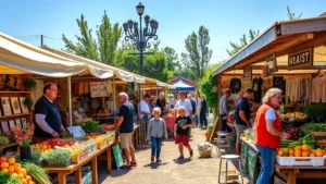 Vibrant farmers market scene with diverse vendors selling artisan goods, fresh produce, and handmade products at wooden stalls, customers browsing and shopping, bright daylight, community atmosphere