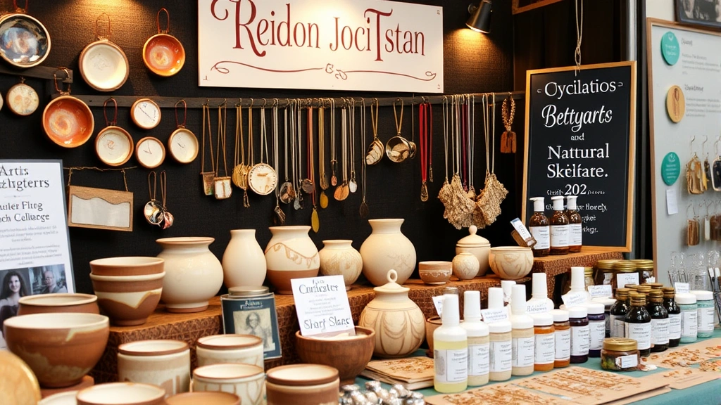 Close-up of vendor booth display featuring artisan products including pottery, jewelry, natural skincare items, organized with professional signage, warm lighting highlighting product details and craftsmanship
