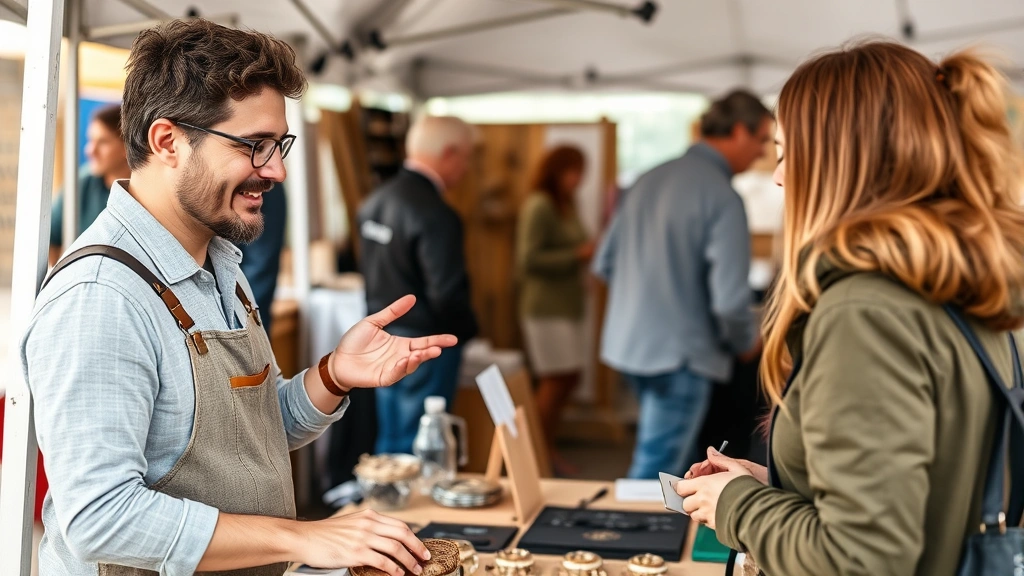 Small business owner engaging with customer at market booth, having friendly conversation, vendor explaining product benefits, customer examining handmade item, genuine interaction demonstrating local commerce relationship