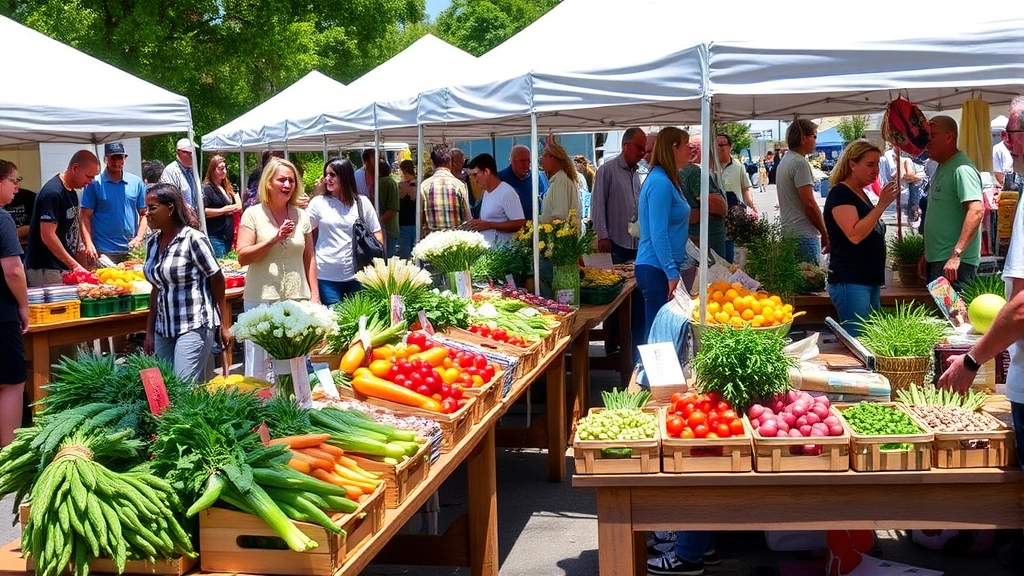 Diverse vendors at outdoor farmers market displaying fresh colorful produce, flowers, and artisan goods on wooden tables under white tent canopies, customers browsing and shopping, sunny day, vibrant community atmosphere