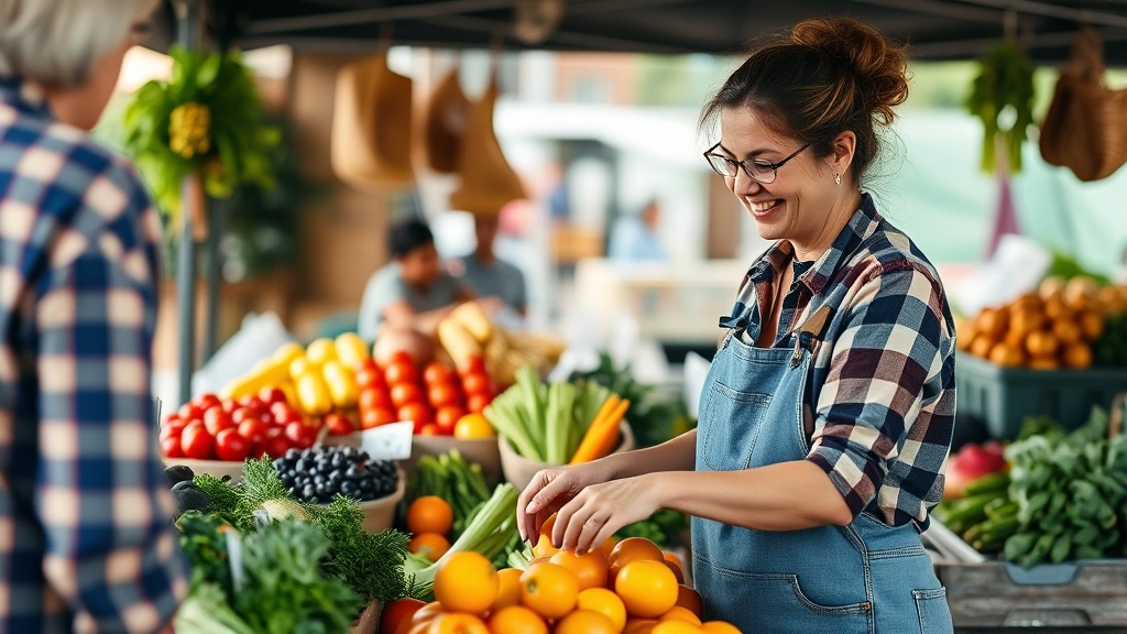 Small business owner female farmer arranging fresh organic vegetables and fruits at market stall, smiling customer interaction, authentic local commerce, natural lighting, genuine human connection