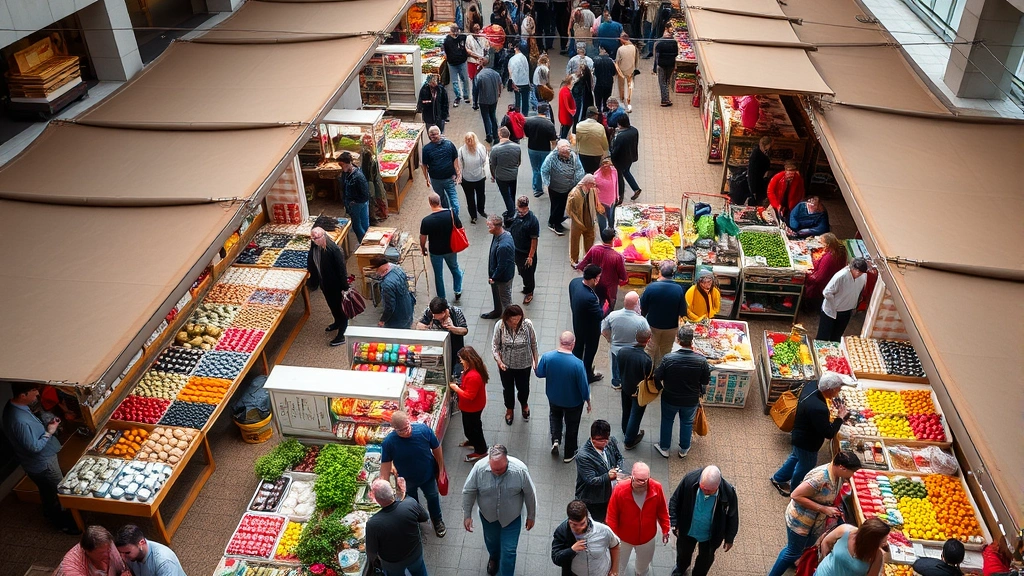 Overhead view of public market bustling with shoppers examining local goods, vendor booths with colorful products, community gathering space, diverse crowd, weekend market activity