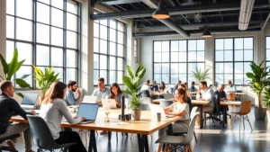 Modern coworking office space with diverse professionals collaborating at shared tables, bright natural lighting through large industrial windows, contemporary furniture and plants, professional atmosphere