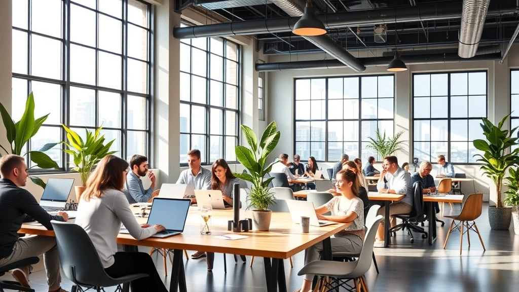 Modern coworking office space with diverse professionals collaborating at shared tables, bright natural lighting through large industrial windows, contemporary furniture and plants, professional atmosphere