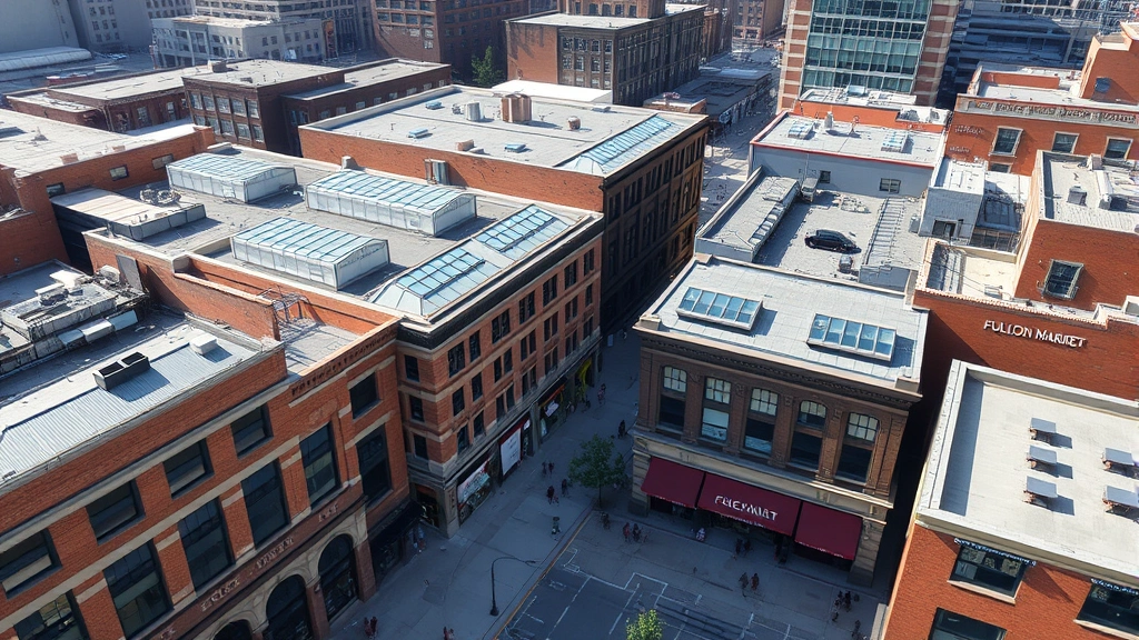 Aerial view of Fulton Market Chicago district showing converted warehouse buildings with glass skylights, street-level retail and restaurants, bustling with pedestrians and bicycles, urban revitalization