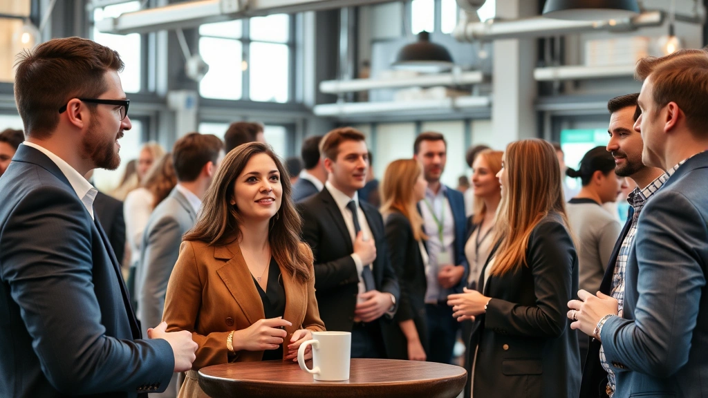 Professional business networking event with diverse entrepreneurs and business leaders in conversation, modern event space with industrial architectural elements, coffee and refreshments visible, collaborative atmosphere