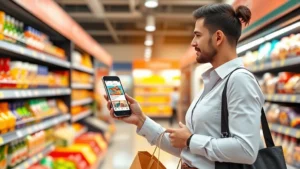 Professional grocery shopper holding mobile phone displaying coupon app, standing in supermarket aisle with colorful product displays, morning natural lighting, modern retail environment