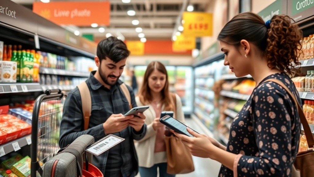 Local shoppers comparing prices and reviewing digital coupons on mobile devices in a modern grocery store, examining product labels and promotional displays during morning shopping hours