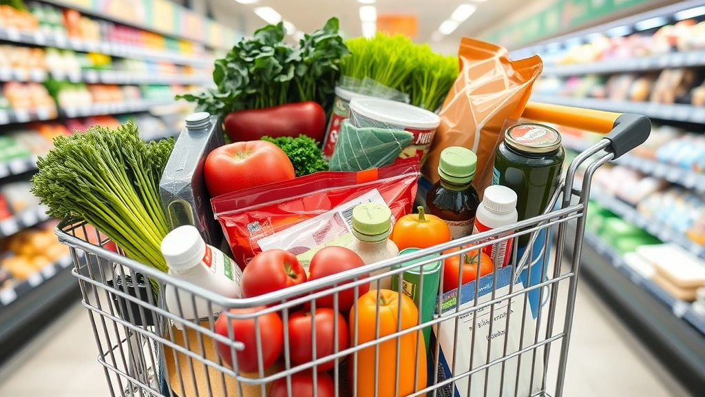 Organized grocery shopping cart filled with diverse products including fresh vegetables, packaged goods, and dairy items, displaying a well-planned shopping trip in a bright, modern retail environment