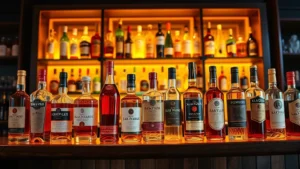 Sophisticated liqueur bottles on wooden shelves in upscale bar setting, various colored spirits backlit by warm amber lighting, professional beverage photography