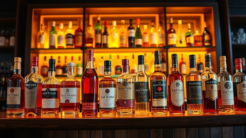 Sophisticated liqueur bottles on wooden shelves in upscale bar setting, various colored spirits backlit by warm amber lighting, professional beverage photography
