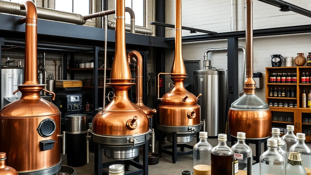 Craft distillery production area with copper stills and glass demijohns, artisanal spirits production equipment, industrial-modern workspace aesthetic