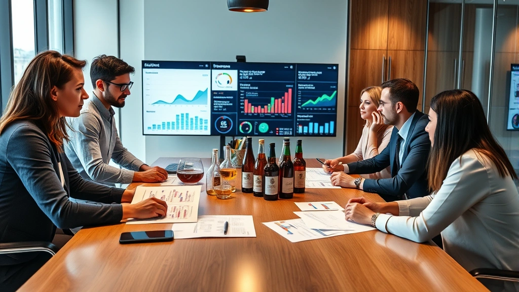 Professional liquor marketing team in modern office collaborating around large table with market research reports and digital displays showing analytics dashboards, diverse team members reviewing consumer data and campaign strategies