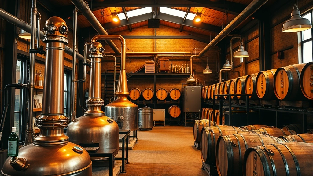 Craft spirits distillery production facility showcasing copper stills and barrel storage, warm golden lighting highlighting premium bottle design and production quality, artisanal manufacturing environment demonstrating craftsmanship