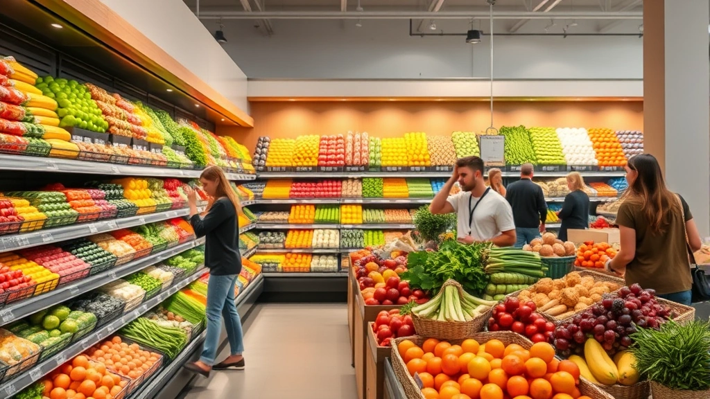 Modern grocery store produce section with vibrant fresh ingredients displayed on tiered shelving, customers shopping in soft diffused lighting, emphasizing abundance and freshness