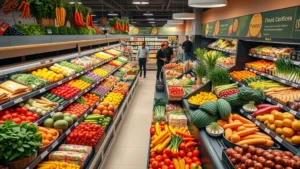 Professional overhead shot of a well-organized grocery store produce section with colorful fresh vegetables and fruits arranged in neat displays under warm lighting, customers browsing in background